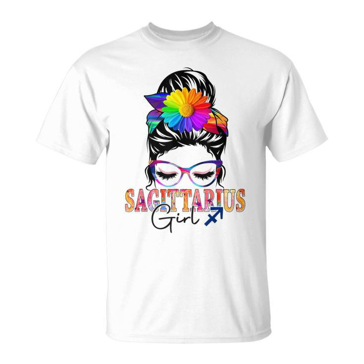 Sagittarius Girl Birthday Messy Bun Hair Colorful Floral  Unisex T-Shirt