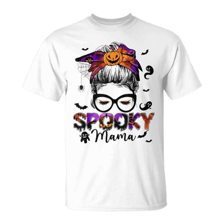 Spooky Mama Messy Bun Halloween Jack O Lantern Mom  Unisex T-Shirt