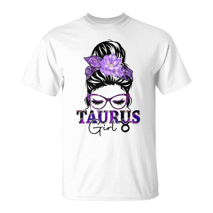 Taurus Girl Birthday Messy Bun Hair Purple Floral   Unisex T-Shirt