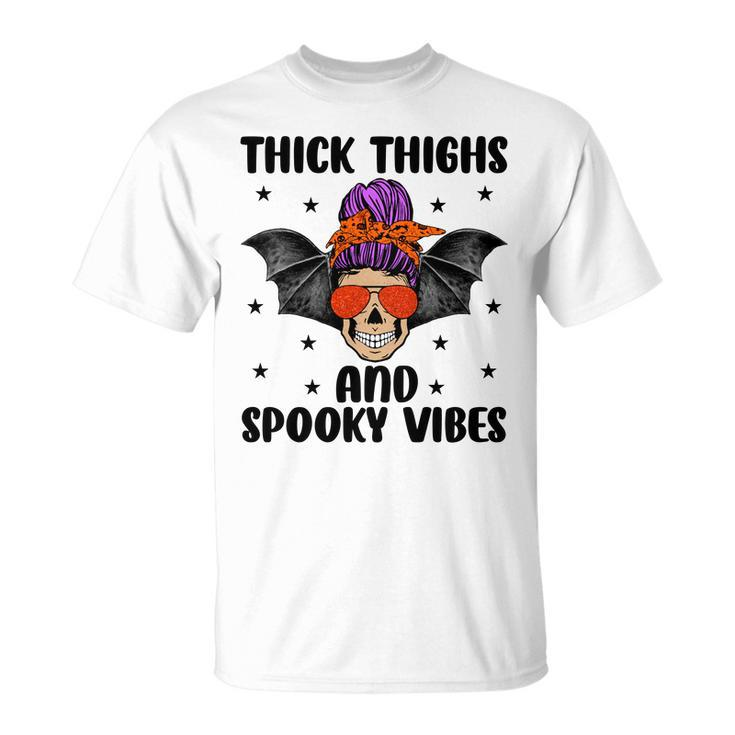 Thick Thights And Spooky Vibes Halloween Messy Bun Hair Unisex T-Shirt
