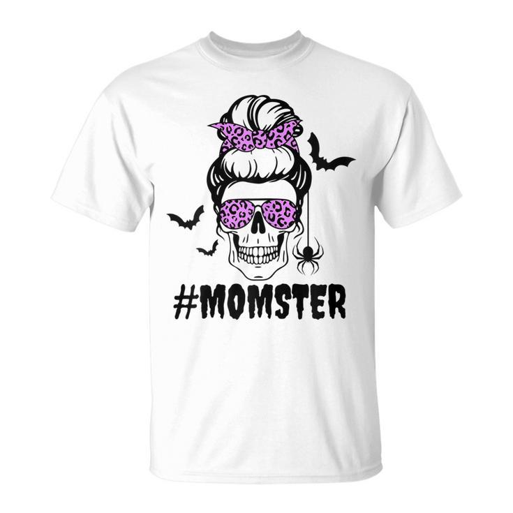 Womens Momster Funny Halloween Costume Skull Mom Messy Bun Unisex T-Shirt