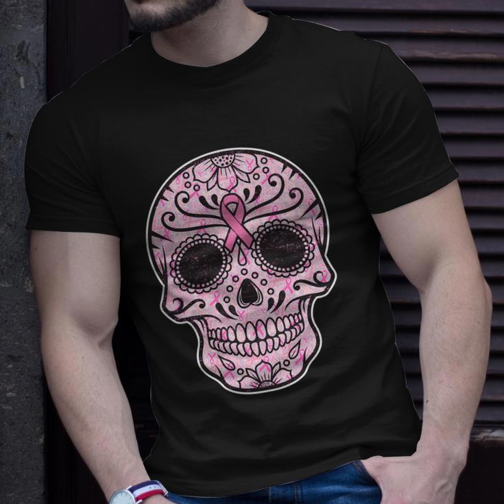 Breast Cancer Sugar Skull Day Of The Dead Dia De Los Muertos Unisex T-Shirt Gifts for Him