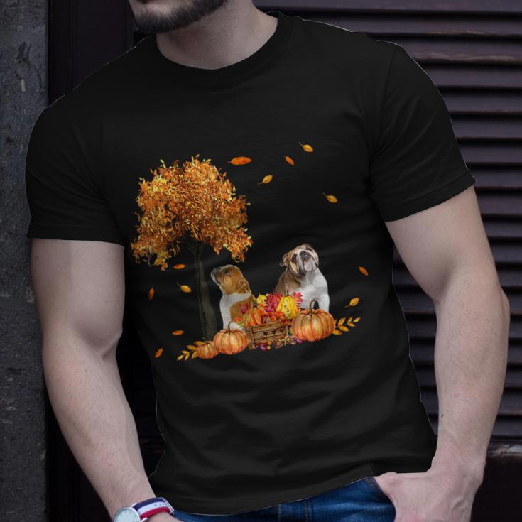 Bulldog Autumn Leaf Fall Dog Lover Thanksgiving Halloween Unisex T-Shirt Gifts for Him