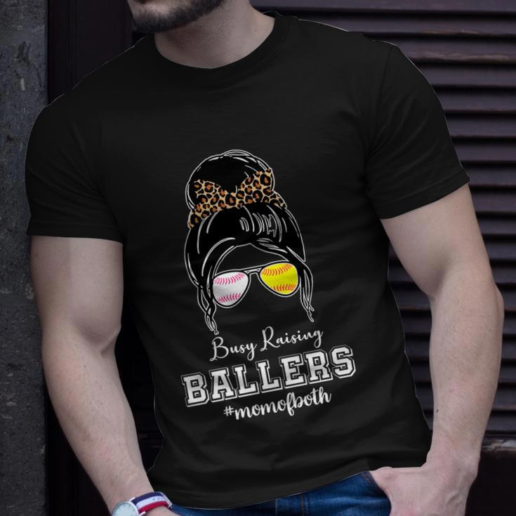 Busy Raising Ballers Mom Of Both Baseball Softball Messy Bun Sticker Features De Unisex T-Shirt Gifts for Him