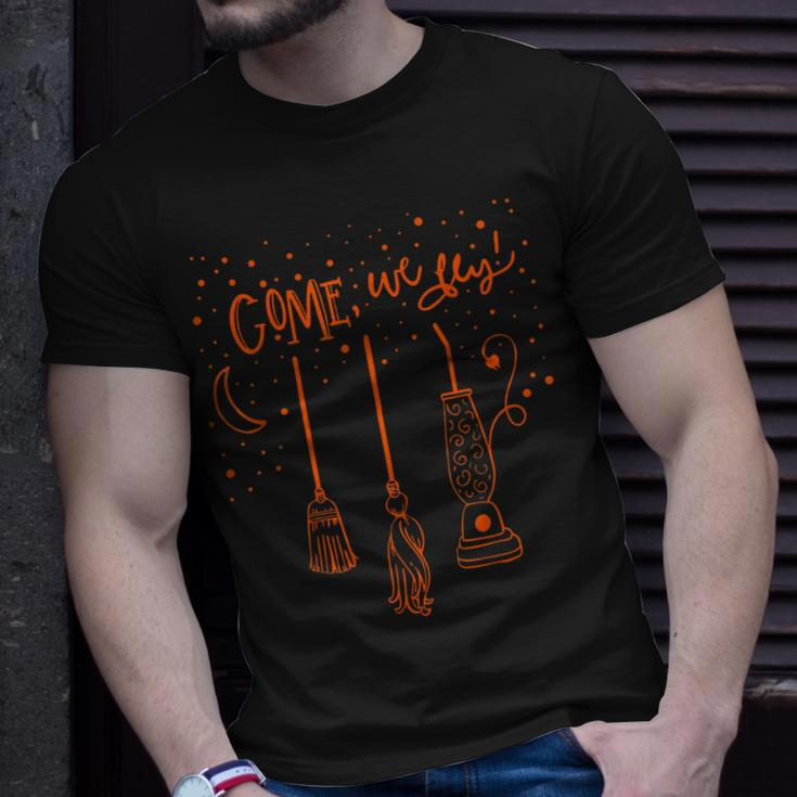 Come We Fly Basic Witch Broom Happy Halloween Unisex T-Shirt Gifts for Him