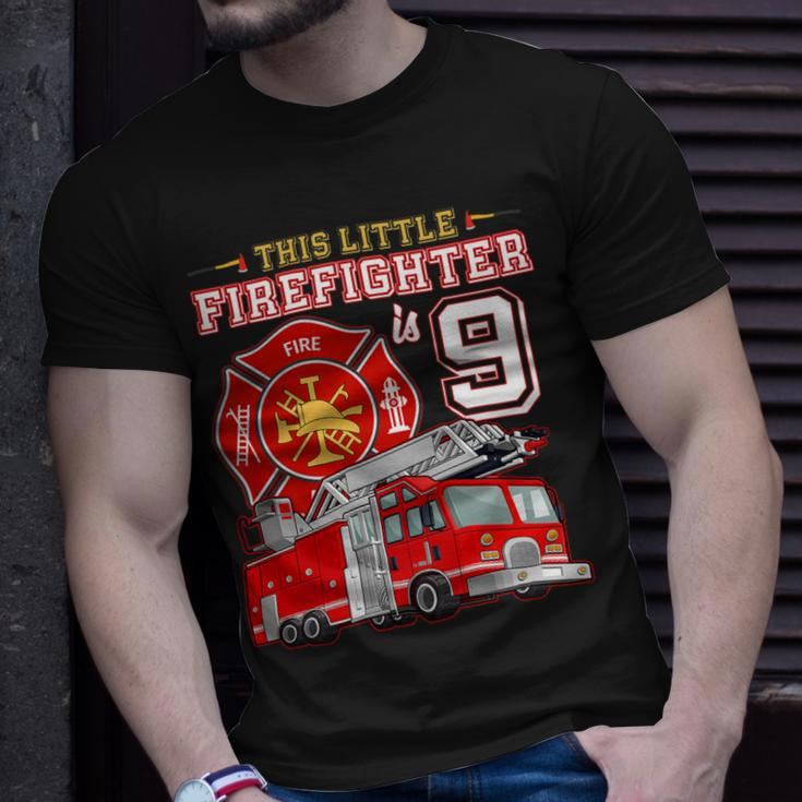 Firefighter This Little Firefighter Is 9 Years Old 9Th Birthday Kid Boy Unisex T-Shirt Gifts for Him