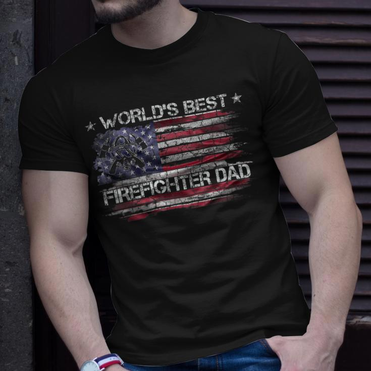 Firefighter Vintage Usa American Flag Worlds Best Firefighter Dad Funny Unisex T-Shirt Gifts for Him