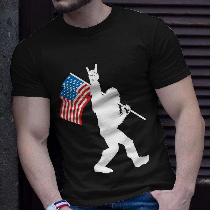 Funny Bigfoot 4Th Of July Rock And Roll Usa Flag For Sasquatch Believers Unisex T-Shirt Gifts for Him