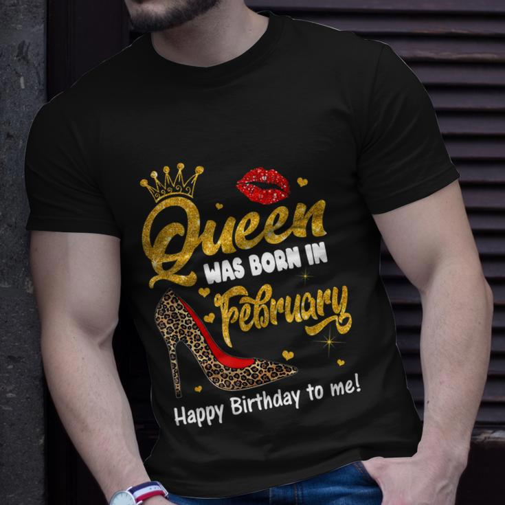 Funny Queen Was Born In February Happy Birthday To Me Leopard Shoe Gift Unisex T-Shirt Gifts for Him