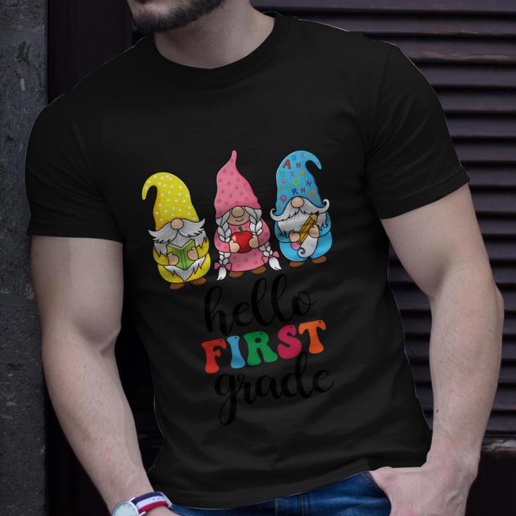 Hello First Grade School Gnome Teacher Students Graphic Plus Size Premium Shirt Unisex T-Shirt Gifts for Him