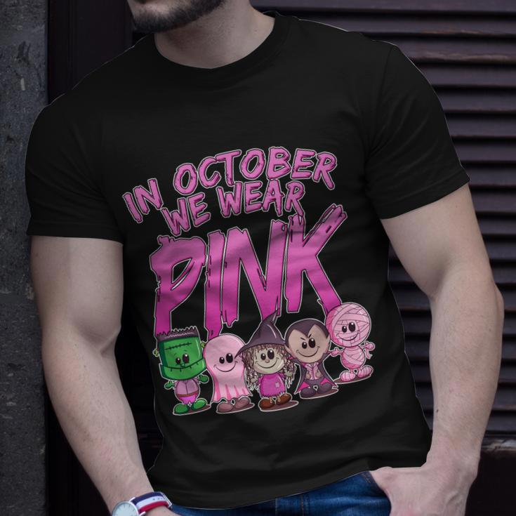 In October We Wear Pink Breast Cancer Halloween Monsters Unisex T-Shirt Gifts for Him