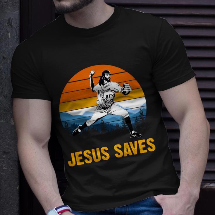 Jesus Saves Retro Baseball Pitcher Unisex T-Shirt Gifts for Him