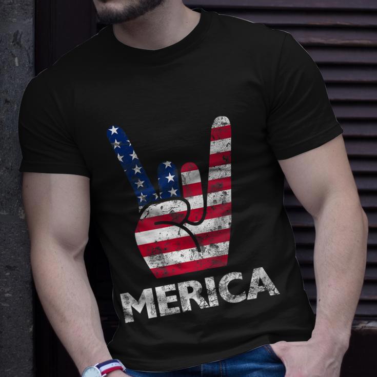 Retro Usa 4Th Of July Vintage American Flag Merica Rock Sign Unisex T-Shirt Gifts for Him