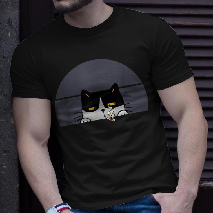 Stoned Black Cat Smoking And Peeking Sideways With Cannabis Unisex T-Shirt Gifts for Him