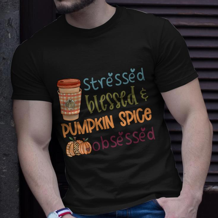 Stressed Blessed Pumpkin Spice Obsessed Thanksgiving Quote Unisex T-Shirt Gifts for Him