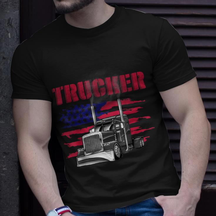 Trucker Truck Driver American Flag Trucker Unisex T-Shirt Gifts for Him