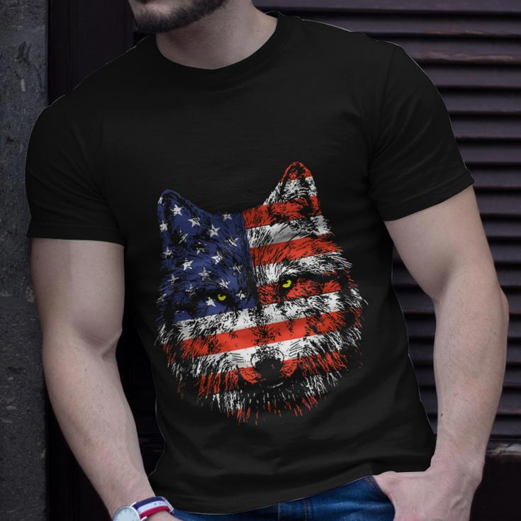 Wolf American Flag Usa 4Th Of July Patriotic Wolf Lover Unisex T-Shirt Gifts for Him