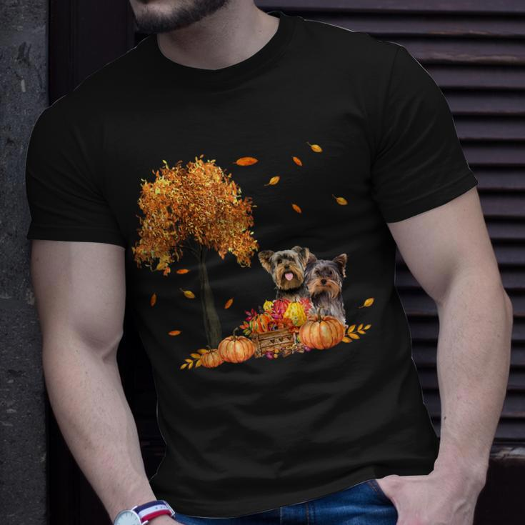 Yorkies Autumn Leaf Fall Dog Lover Thanksgiving Halloween Unisex T-Shirt Gifts for Him