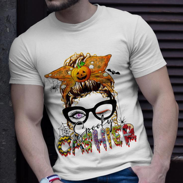 Halloween Spooky Cashier Messy Bun Glasses Spooky Unisex T-Shirt Gifts for Him