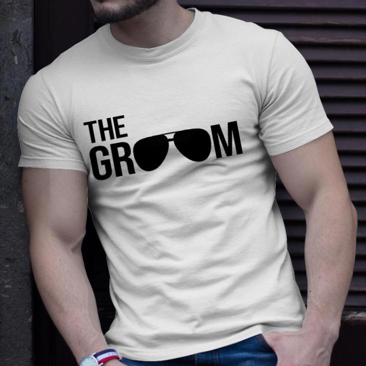 Mens The Groom Bachelor Party Cool Sunglasses White Unisex T-Shirt Gifts for Him