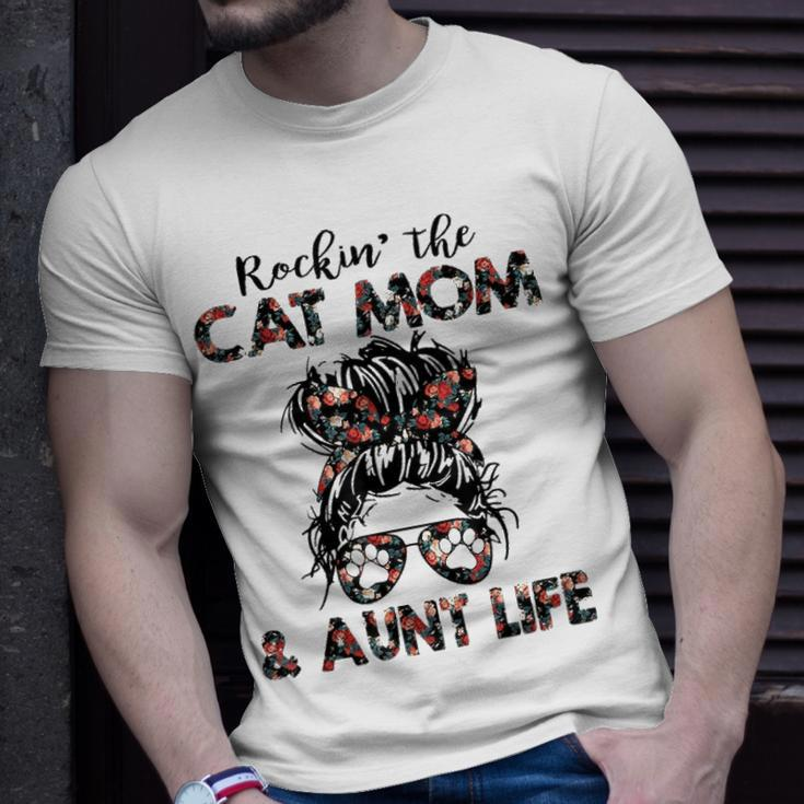 Rockin The Cat Mom & Aunt Life Messy Bun Hair Glasses Paws T-shirt Gifts for Him