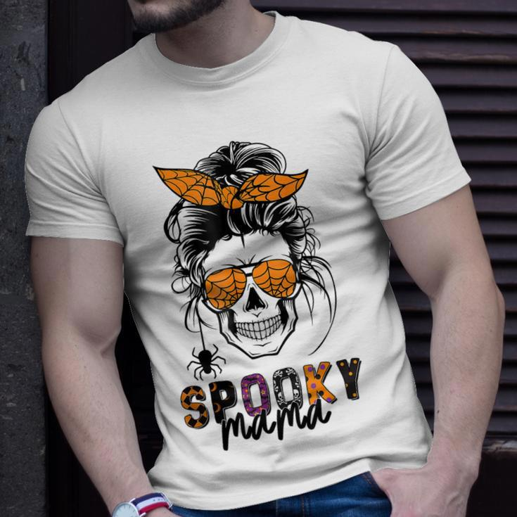 Spooky Mama Skull Halloween Womens Messy Bun Witch Unisex T-Shirt Gifts for Him