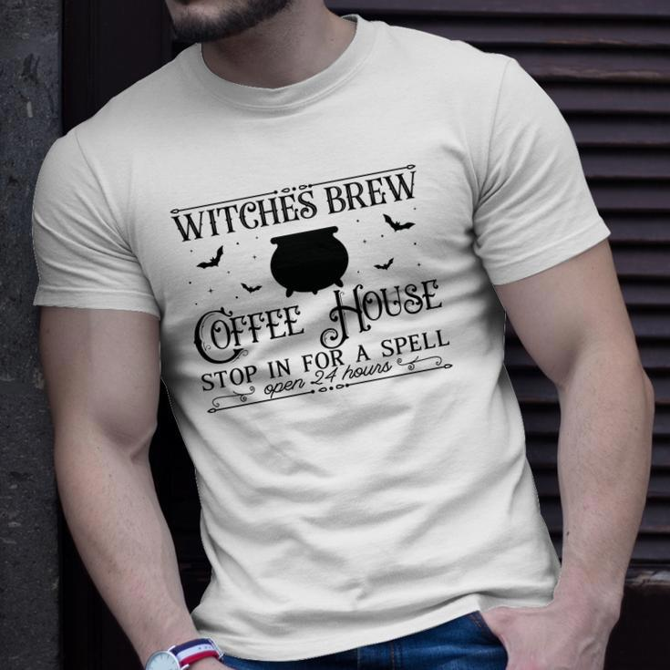 Vintage Halloween Sign Witches Brew Coffee House Men Women T-shirt Graphic Print Casual Unisex Tee Gifts for Him