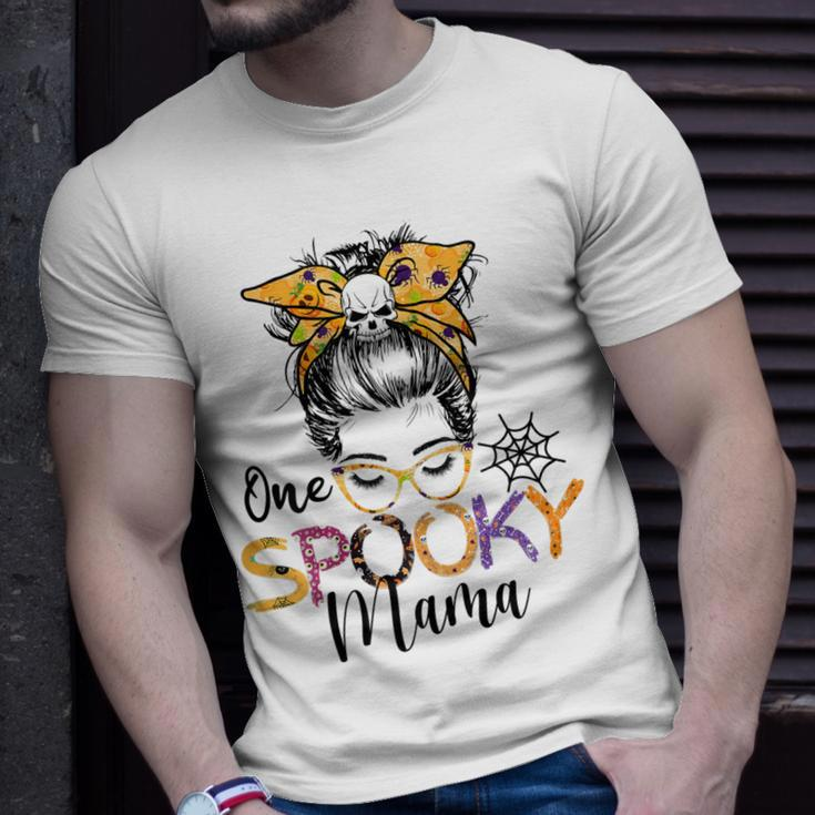 Womens One Spooky Mama Messy Bun Funny Mom Halloween Spider Costume Unisex T-Shirt Gifts for Him