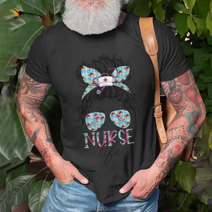 Nurse Life Leopard Messy Bun Hair Healthcare Flower Glasses  Unisex T-Shirt