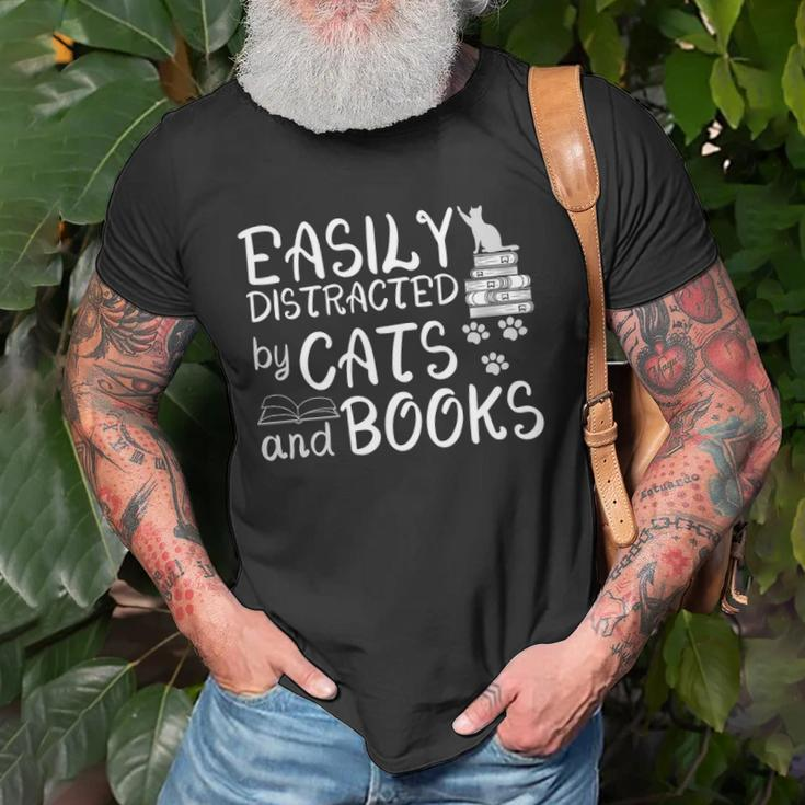 Easily Distracted By Cats And Books Funny Book Lover Unisex T-Shirt Gifts for Old Men