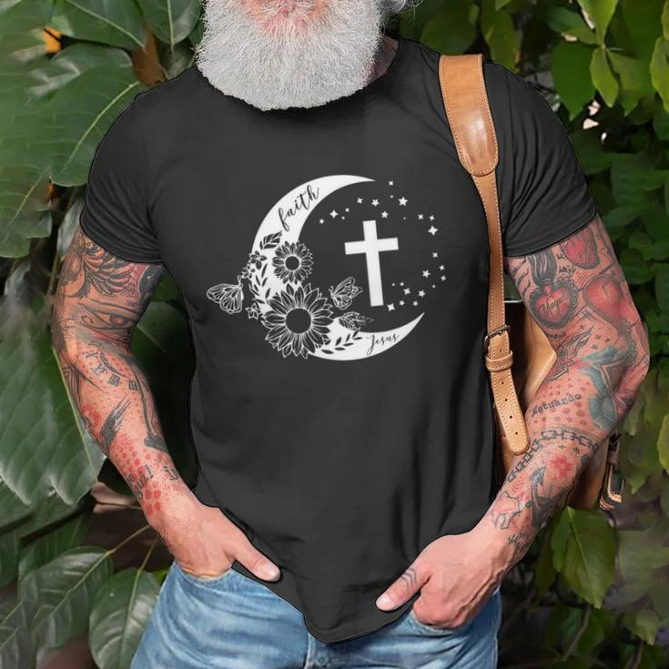 Faith Cross Crescent Moon With Sunflower Christian Religious Unisex T-Shirt Gifts for Old Men