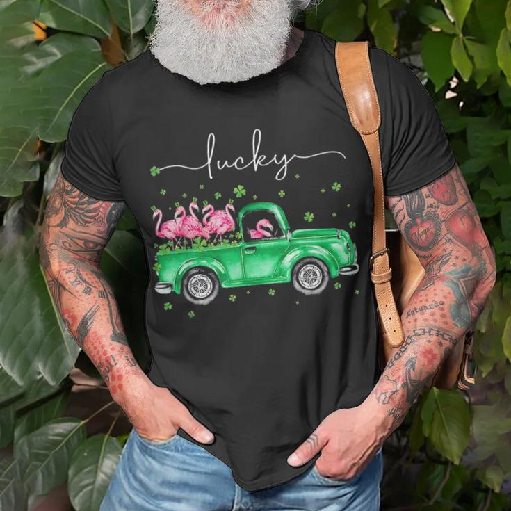 Lucky Flamingo Riding Green Truck Shamrock St Patricks Day T-shirt Gifts for Old Men