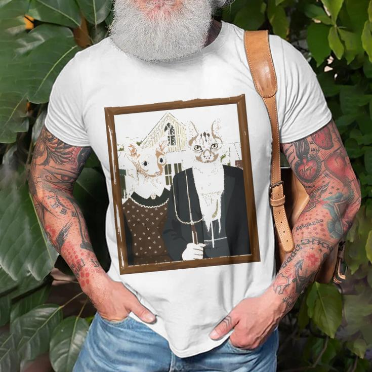 Funny American Gothic Cat Parody Ameowican Gothic Graphic Unisex T-Shirt Gifts for Old Men