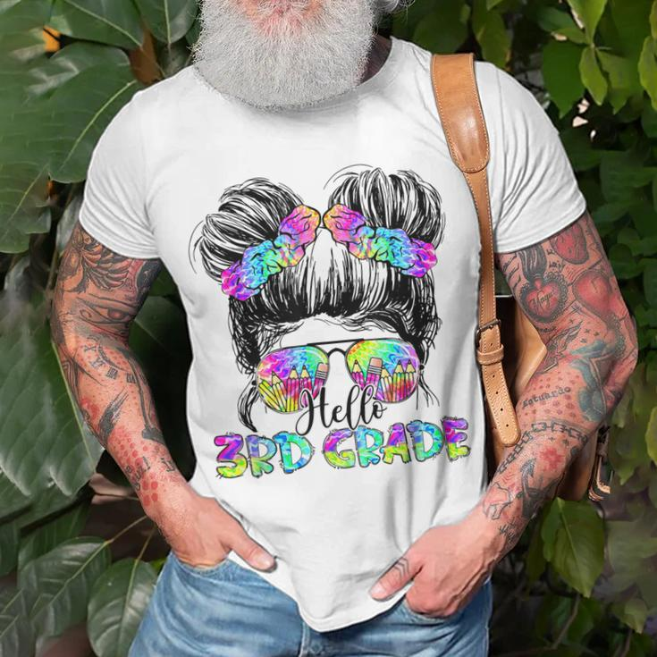 Messy Bun Hair Tie Dye Rainbow Kids Girls Hello Third Grade V2 Unisex T-Shirt Gifts for Old Men