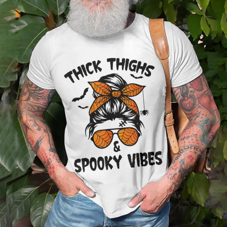 Messy Bun Thick Thighs And Spooky Vibes Halloween Women Unisex T-Shirt Gifts for Old Men