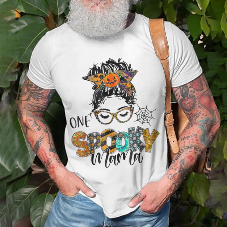 One Spooky Mama For Halloween Messy Bun Mom Monster Bleached Unisex T-Shirt Gifts for Old Men
