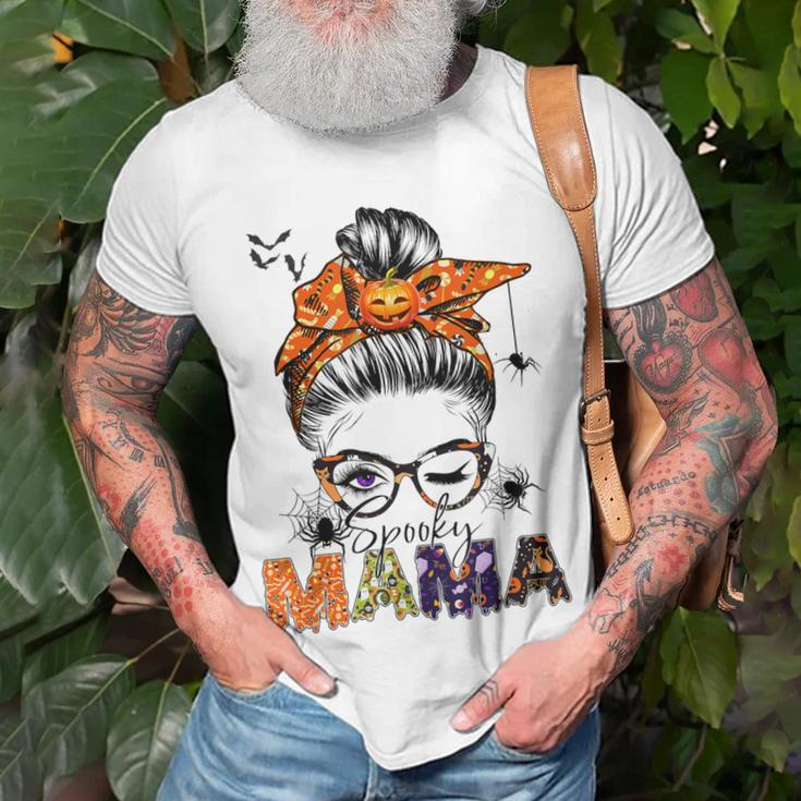 One Spooky Mama For Halloween Messy Bun Mom Monster Bleached V2 Unisex T-Shirt Gifts for Old Men