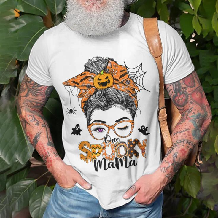 One Spooky Mama For Halloween Messy Bun Mom Monster Bleached V3 Unisex T-Shirt Gifts for Old Men