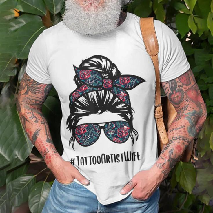 Tattoo Artist Wife Life Messy Bun Hair Glasses Unisex T-Shirt Gifts for Old Men