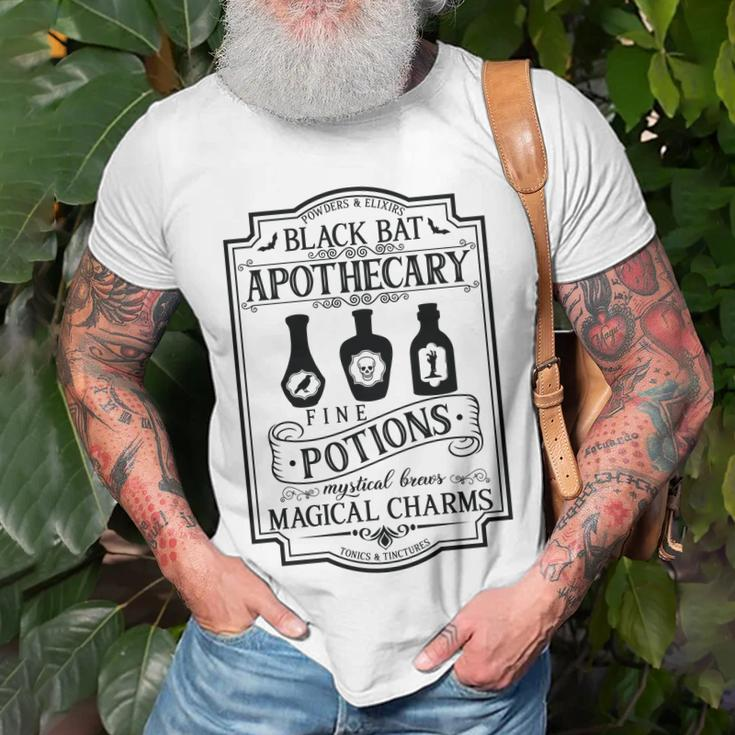 Vintage Halloween Sign Black Bat Apothecary Men Women T-shirt Graphic Print Casual Unisex Tee Gifts for Old Men