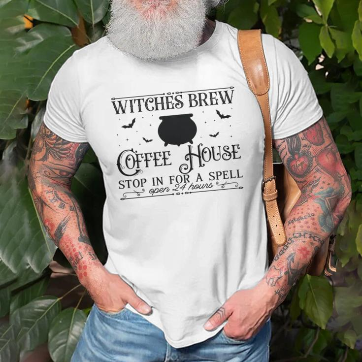 Vintage Halloween Sign Witches Brew Coffee House Men Women T-shirt Graphic Print Casual Unisex Tee Gifts for Old Men