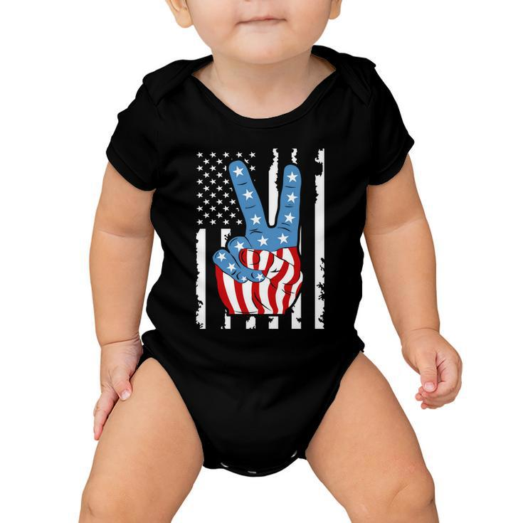 4Th Of July Peace Hand American Flag Baby Onesie