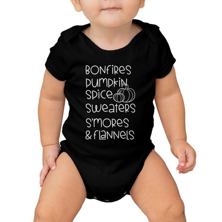 Bonfires Dumdkin Spice Pumpkin Sweaters Smores Flannels Baby Onesie