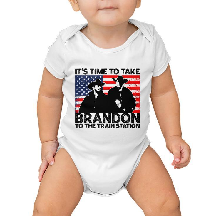 Its Time To Take Brandon To The Train Station America Flag Funny Its Time To Tak Baby Onesie
