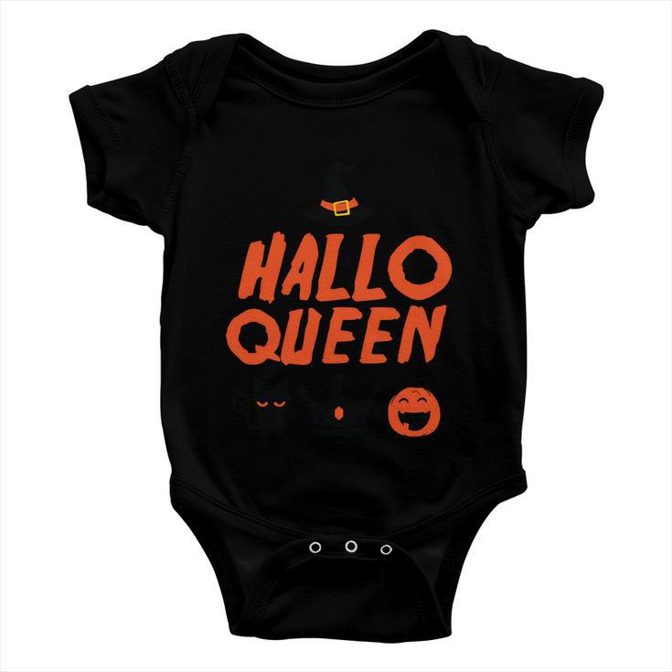 Hallo Queen Witch Hat Pumpkin Cat Halloween Quote Baby Onesie