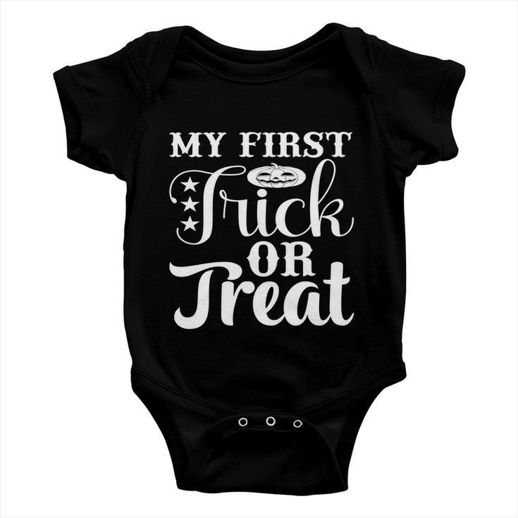 My Firts Trick Or Treat Halloween Quote Baby Onesie