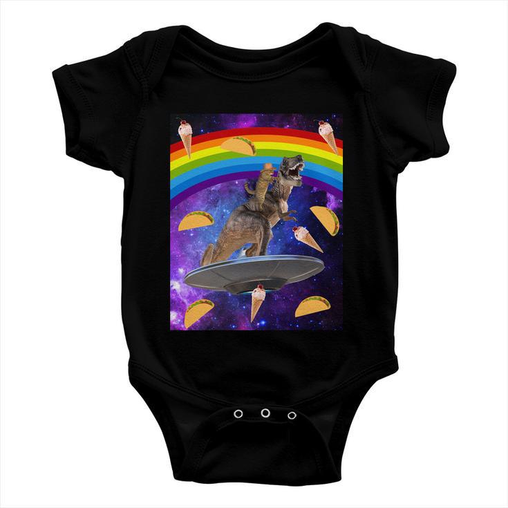 Taco Kitty Riding T-Rex Rainbow Space Cat Baby Onesie