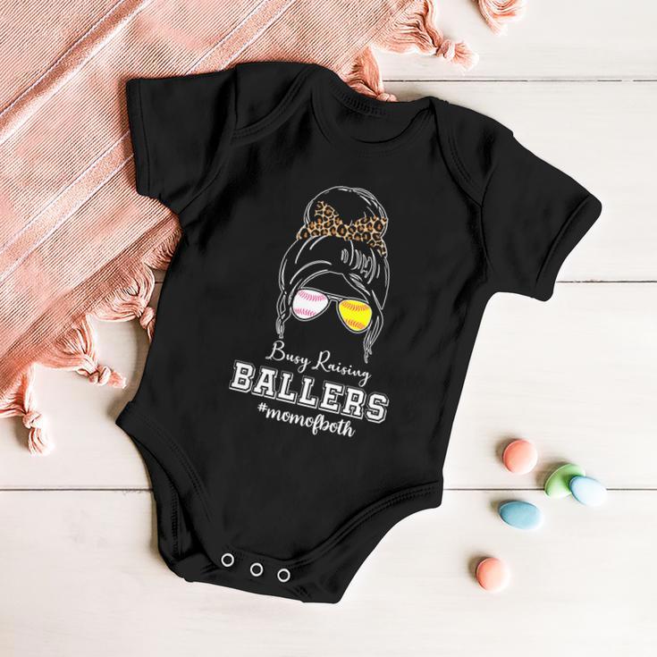 Busy Raising Ballers Mom Of Both Baseball Softball Messy Bun Sticker Features De Baby Onesie