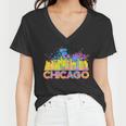 Colorful Chicago Skyline Paint Women V-Neck T-Shirt