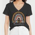 Second Grade Teacher Teach Love Inspire Boho Rainbow Women V-Neck T-Shirt